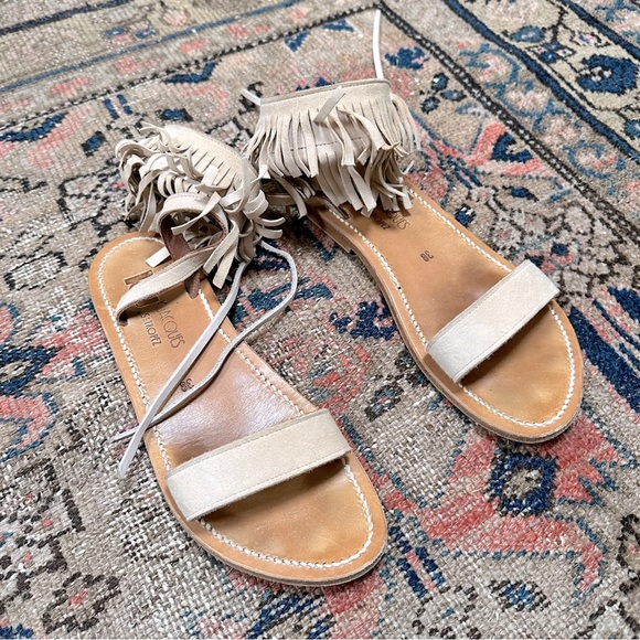 K. Jacques Saint Tropez Salambo Suede Fringe Cuff Flat Sandals 38 Nude Ankle Tie - Picture 7 of 12